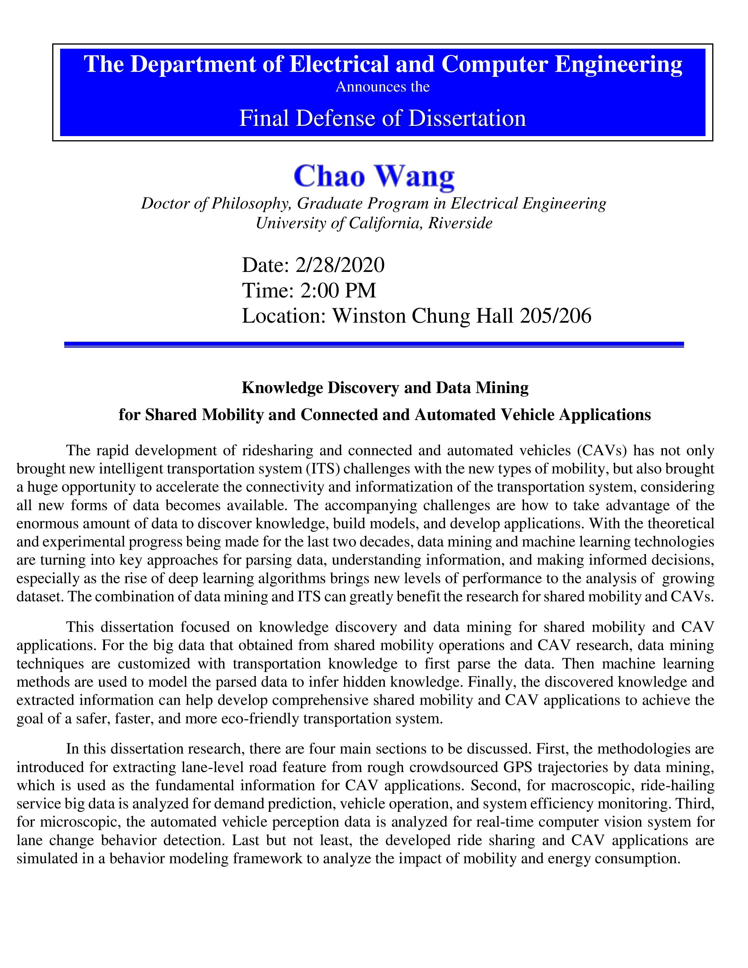 CHAO, Wang PhD Dissertation Defense Flyer