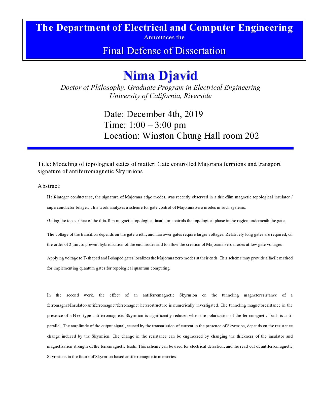 Nima Djavid PhD Dissertation Flyer
