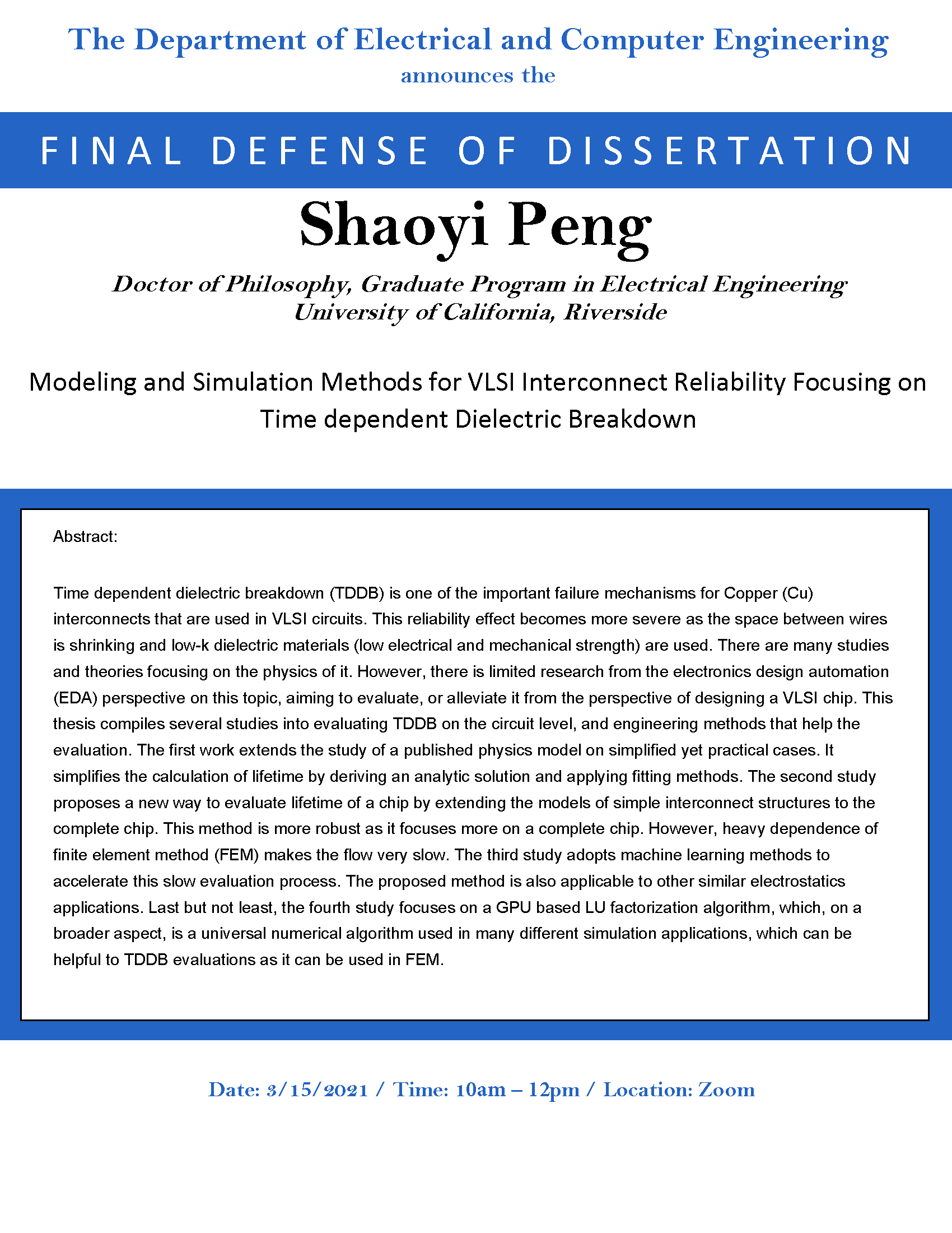 Final Defense of Dissertation: Shaoyi Peng