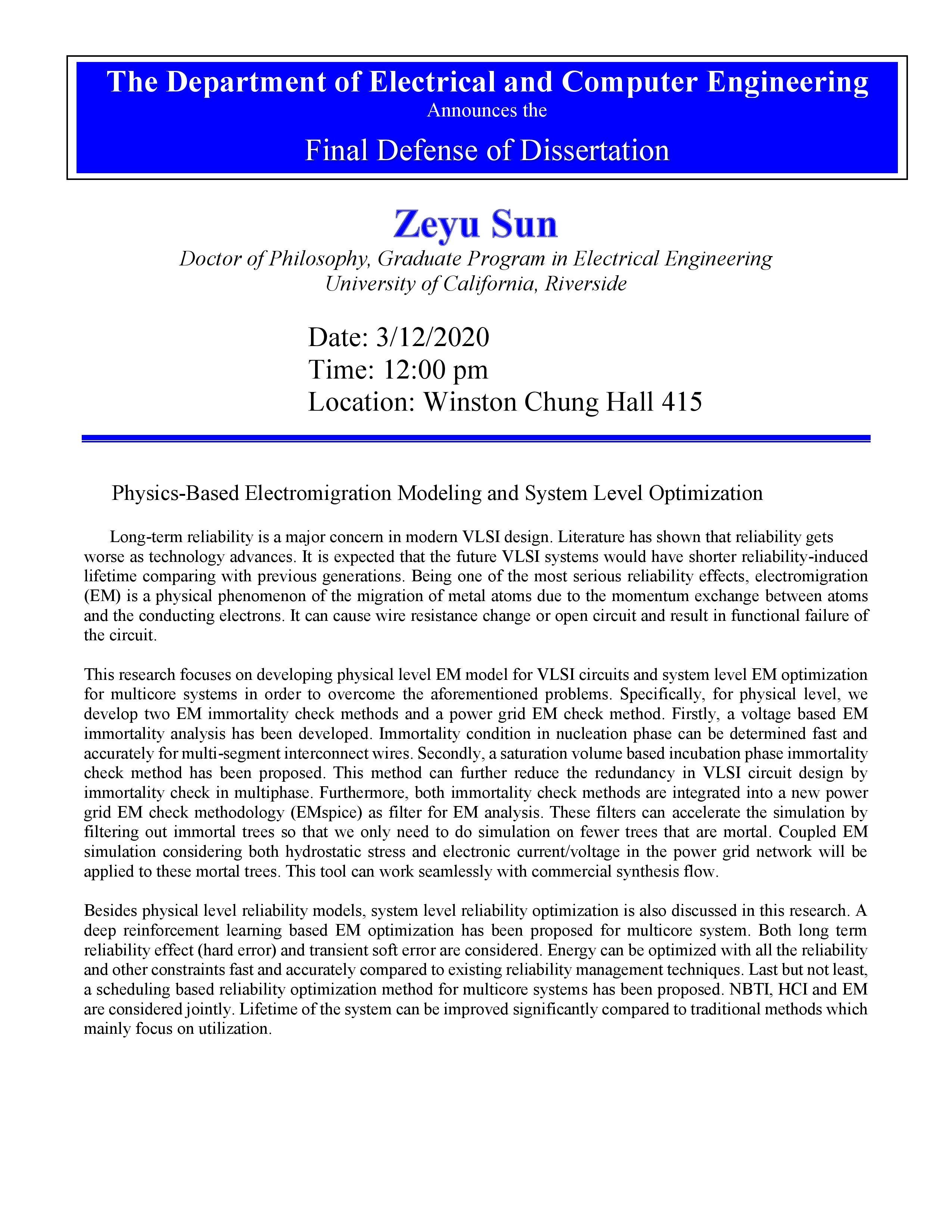 SUN, Zeyu PhD Dissertation Defense Flyer