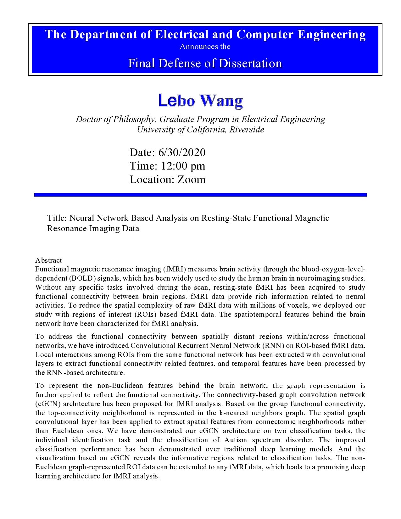 WANG, Lebo PhD Dissertation Defense Flyer