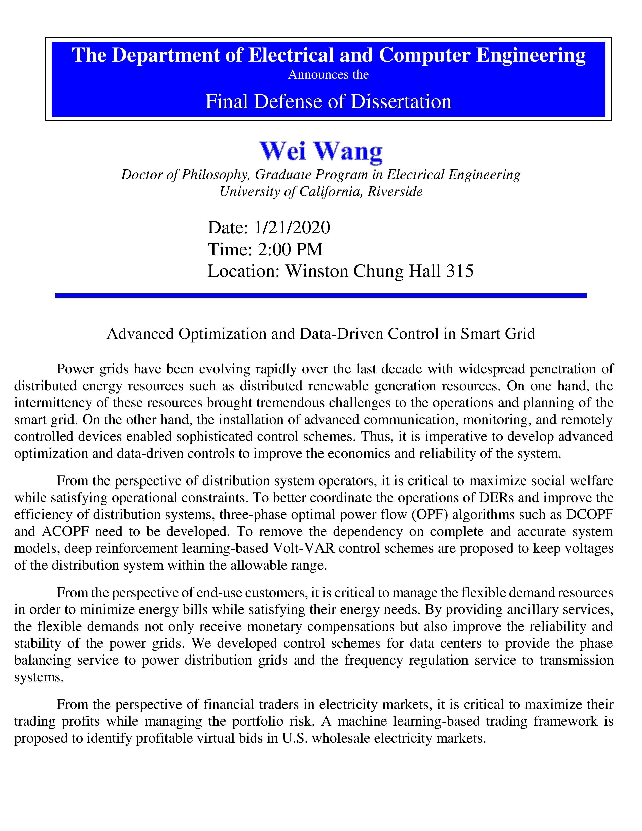 WANG, Wei Dissertation Defense Flyer